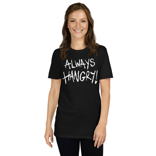 Person wearing a black t-shirt with 'ALWAYS HANGRY!' text on a white background
