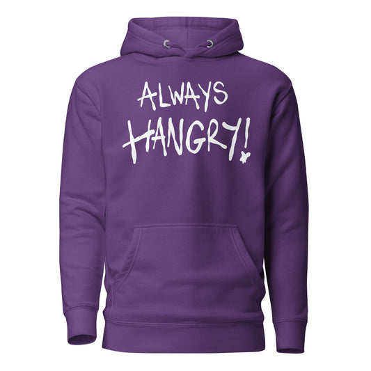 Purple hoodie with 'ALWAYS HANGRY!' text on a white background