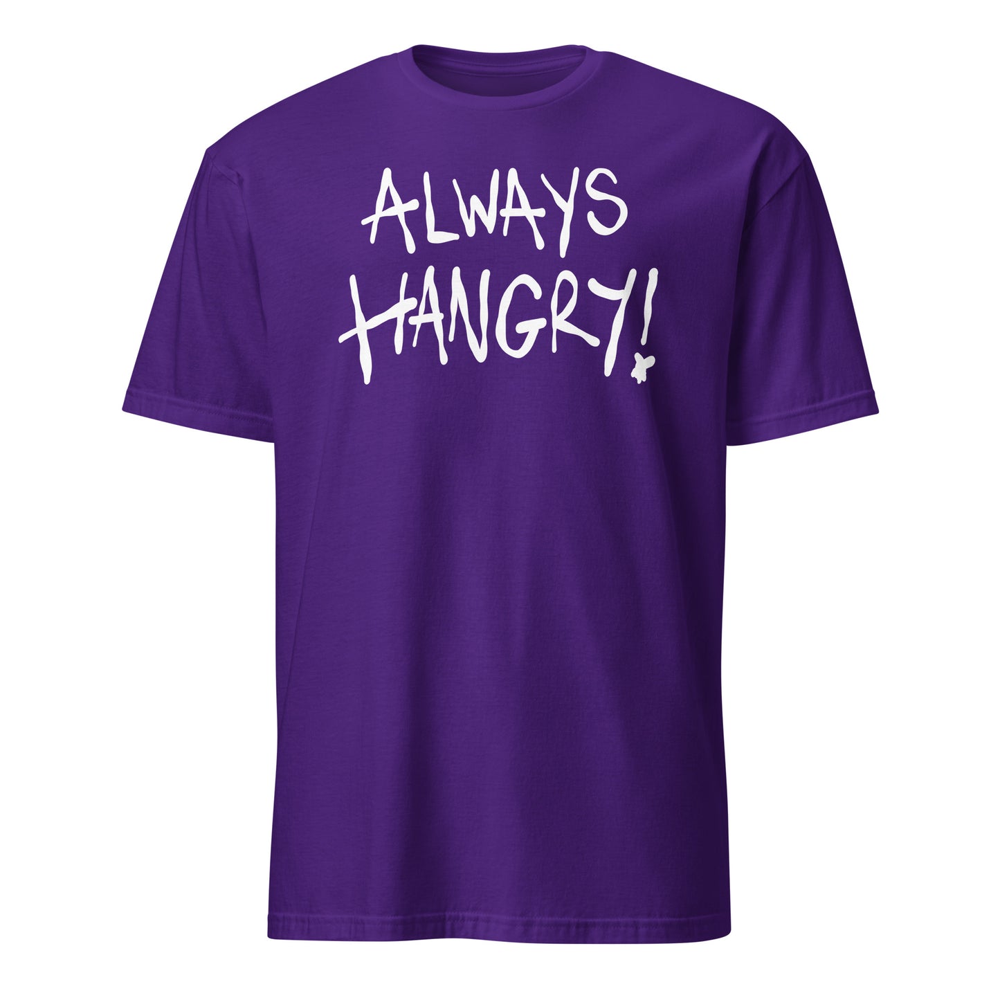 Purple t-shirt with 'ALWAYS HANGRY!' text on a white background
