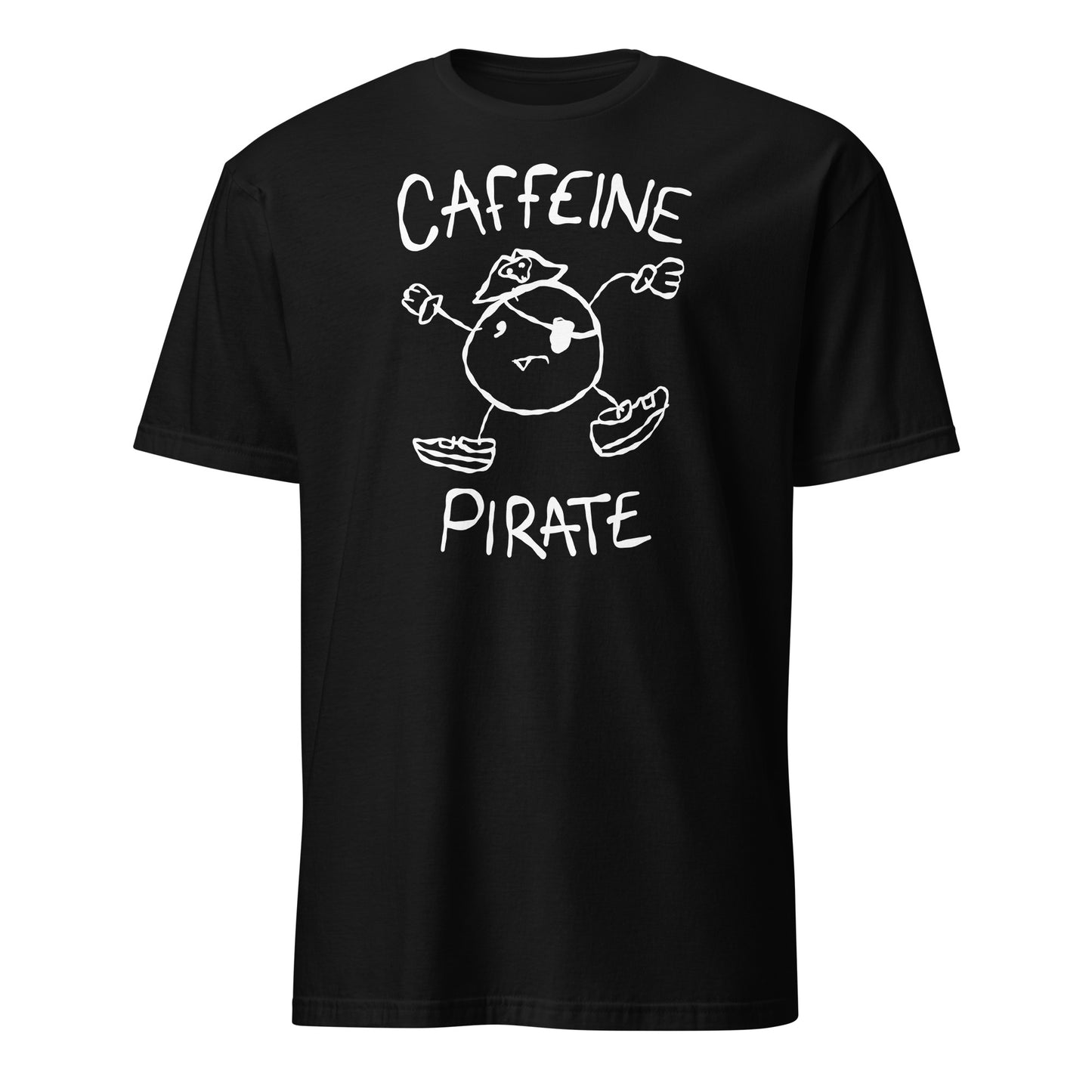 Black t-shirt with 'Caffeine Pirate' character design on a white background