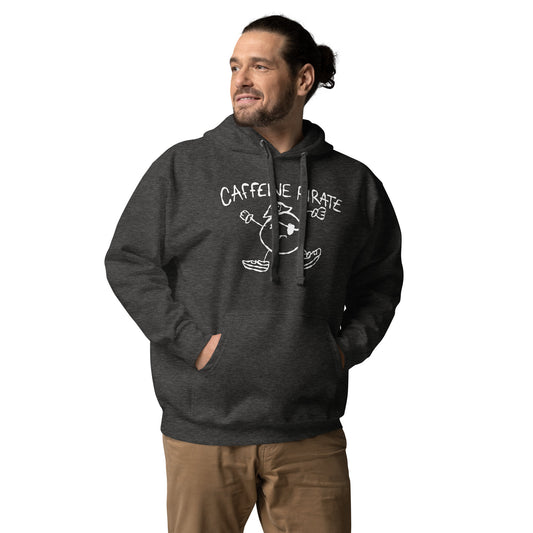 A man wearing a dark grey hoodie with a 'Caffeine Pirate' character design on a white background