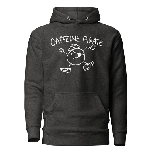 Dark grey hoodie with 'Caffeine Pirate' character design on a white background