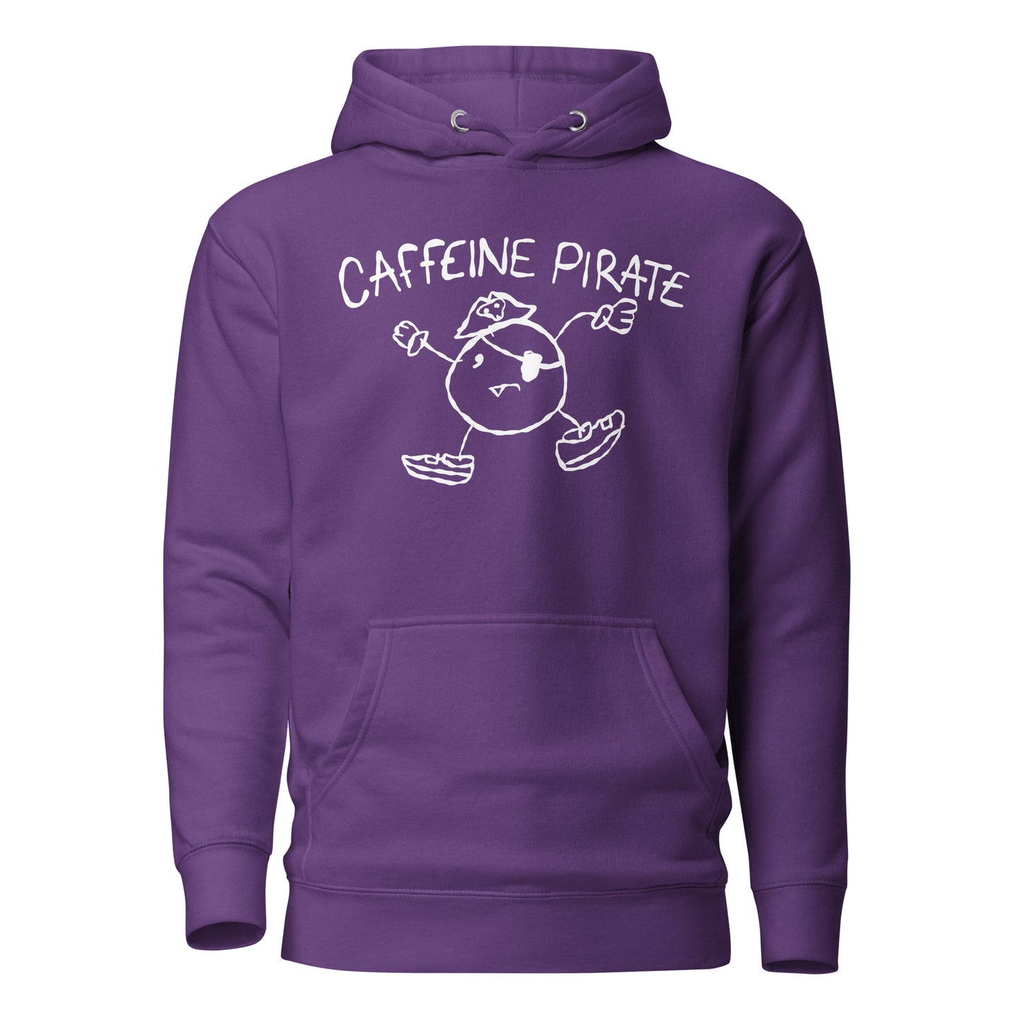 Purple hoodie with 'Caffeine Pirate' character design on a white background