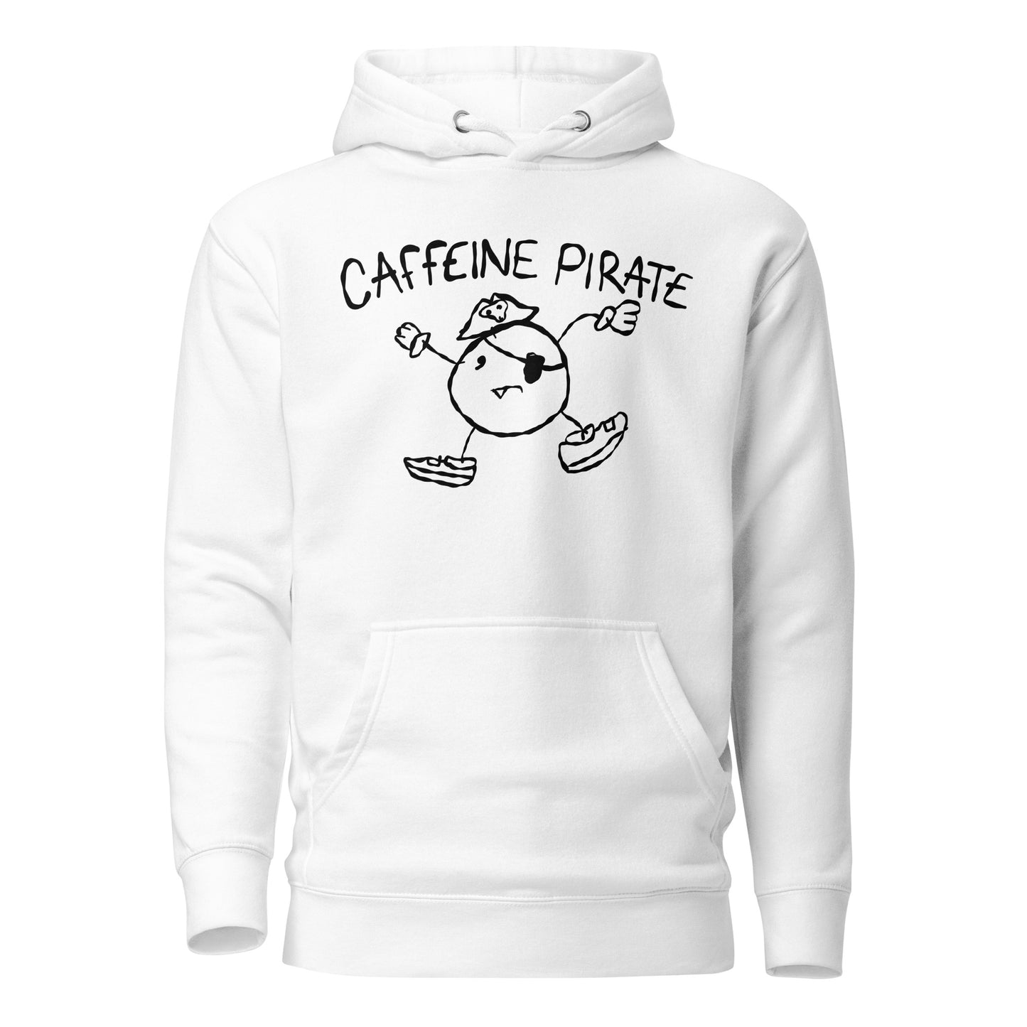White hoodie with 'Caffeine Pirate' character design on a white background