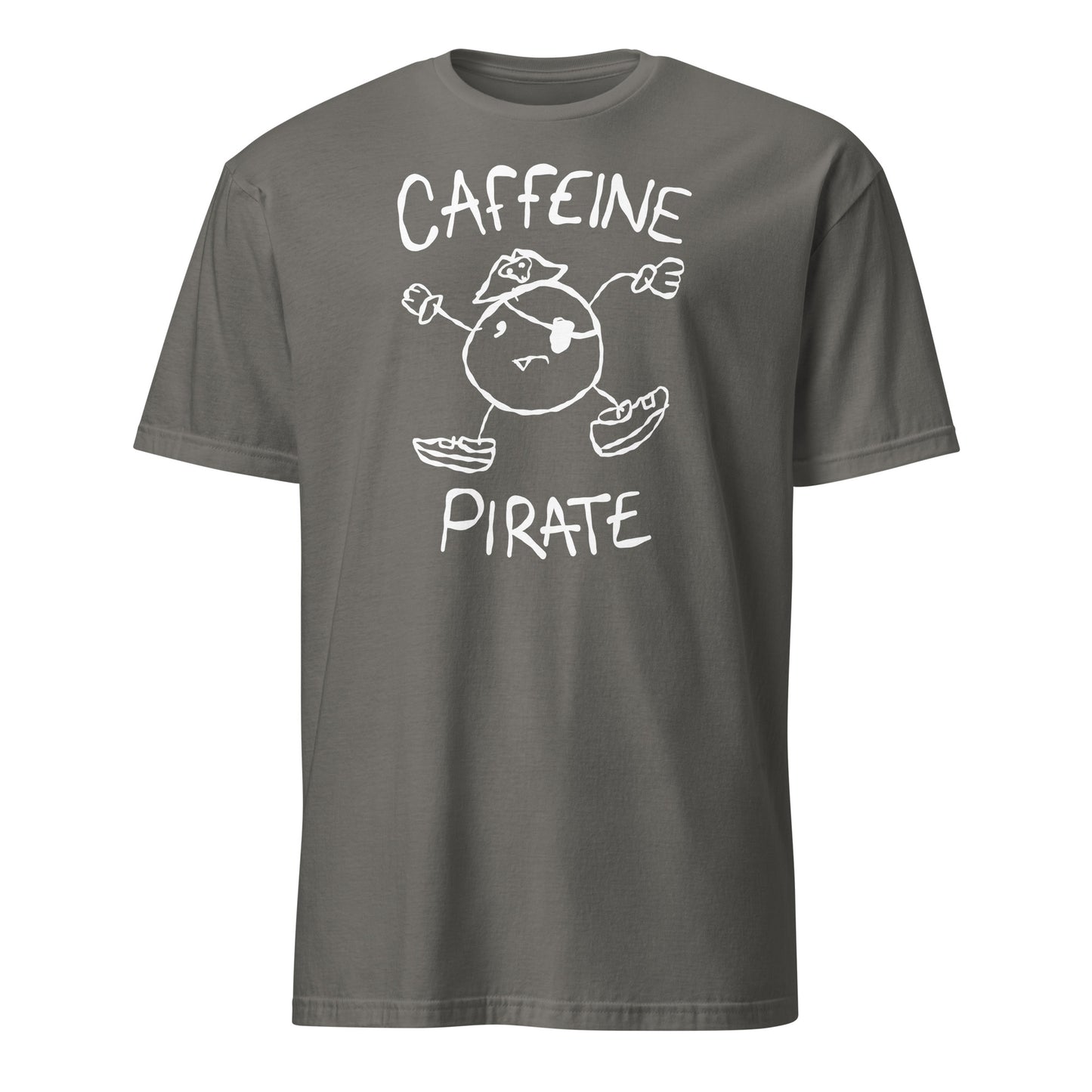 Gray t-shirt with 'Caffeine Pirate' character design on a white background