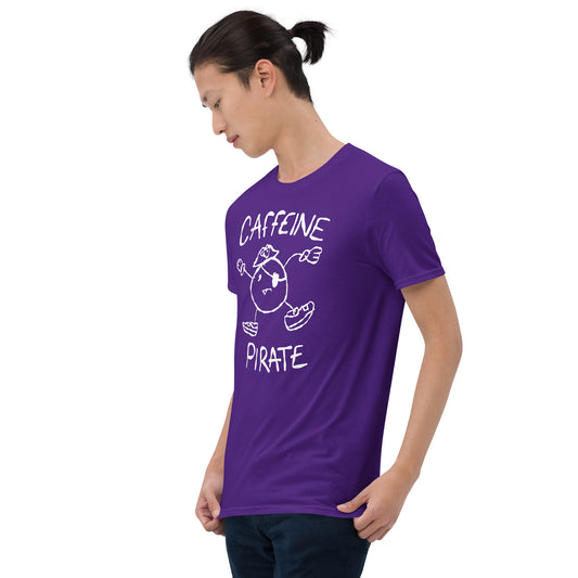 Person wearing a purple t-shirt with 'Caffeine Pirate' design on a white background