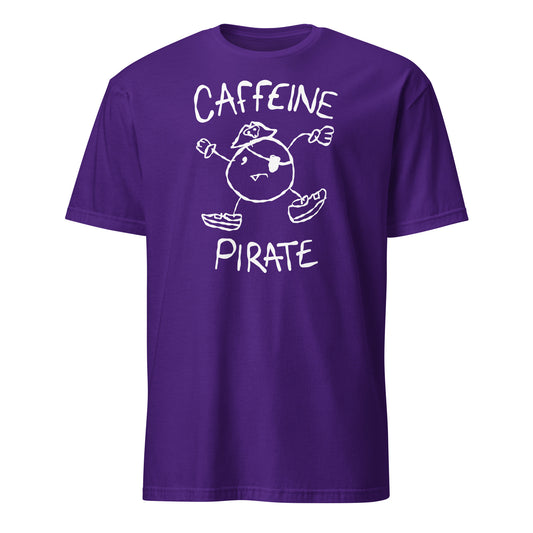 Purple t-shirt with 'Caffeine Pirate'  character design on a white background