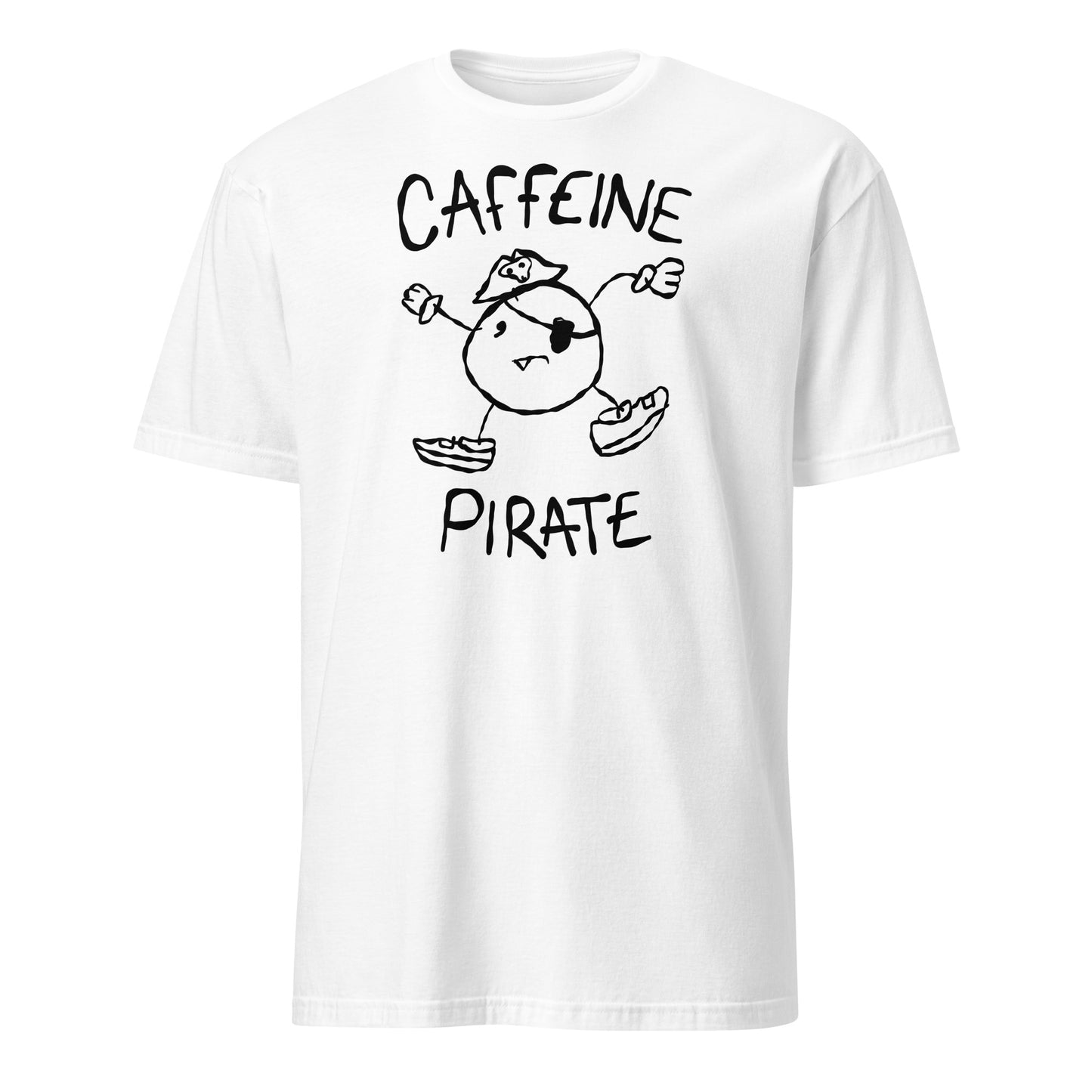 White t-shirt with 'CAFFEINE PIRATE' character design on a white background