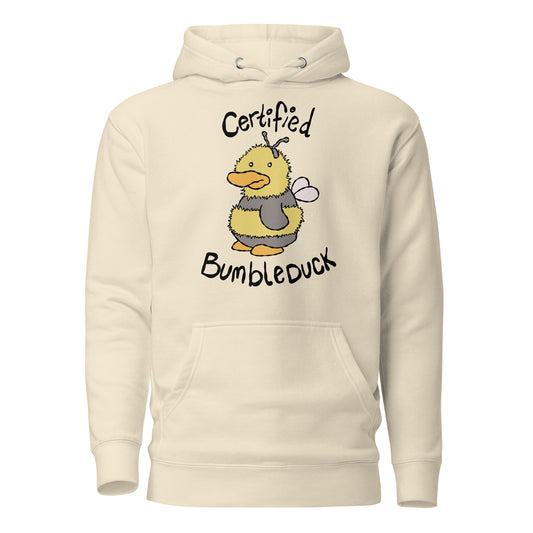 Beige hoodie with a cartoon duck and text CERTIFIED BUMBLEDUCK on a white background