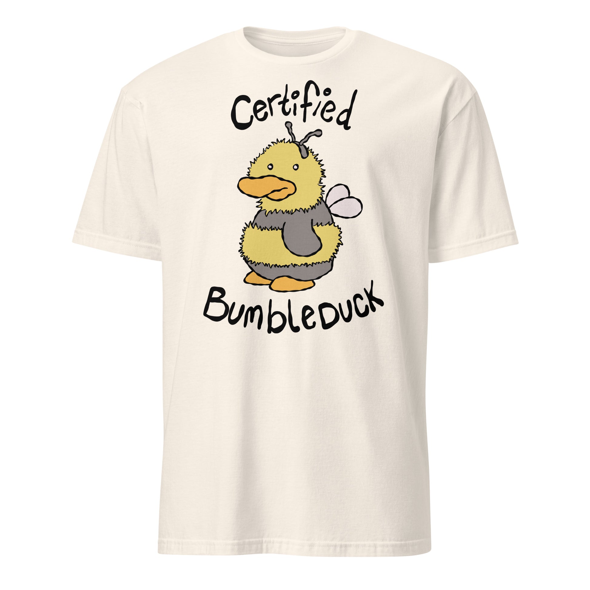 Beige t-shirt with a cartoon duck in a bee costume and text 'Certified Bumbleduck' on a white background