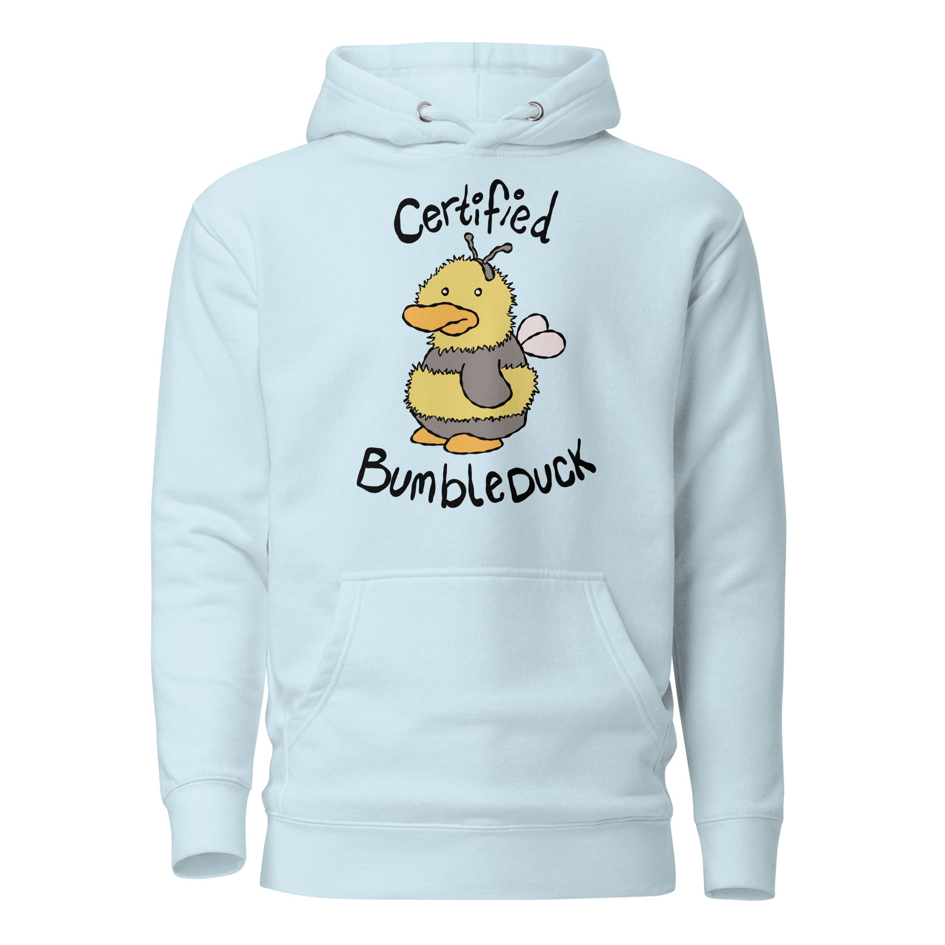 Light blue hoodie with a cartoon duck design and text CERTIFIED BUMBLEDUCK on a white background