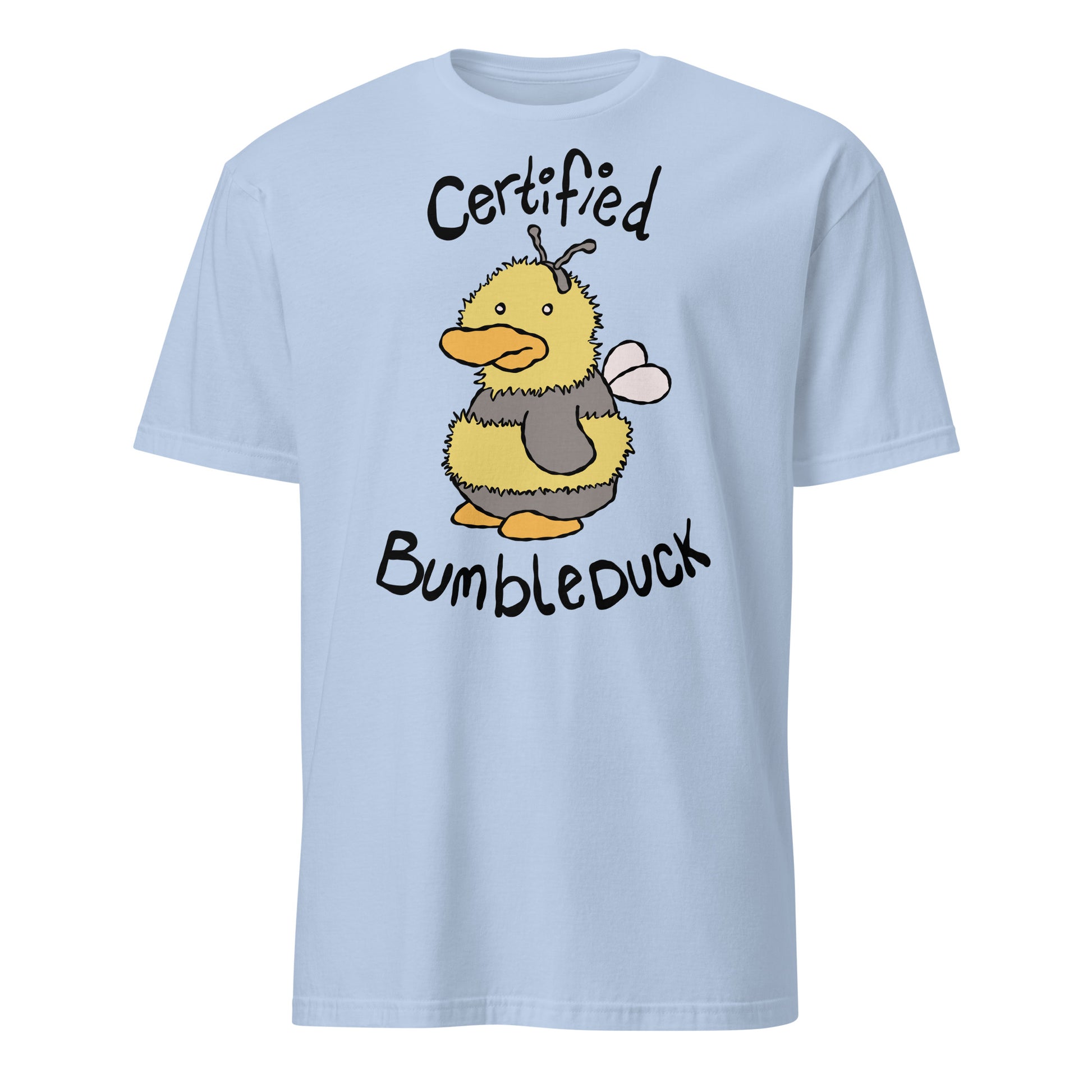 Light blue t-shirt with a cartoon duck in a bee costume and text 'Certified Bumbleduck' on a white background.