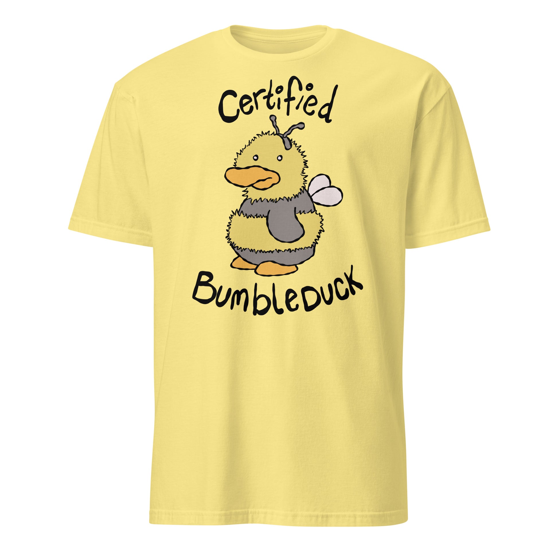 Yellow t-shirt with a cartoon duck wearing a bee costume and text 'Certified Bumbleduck' on a white background.