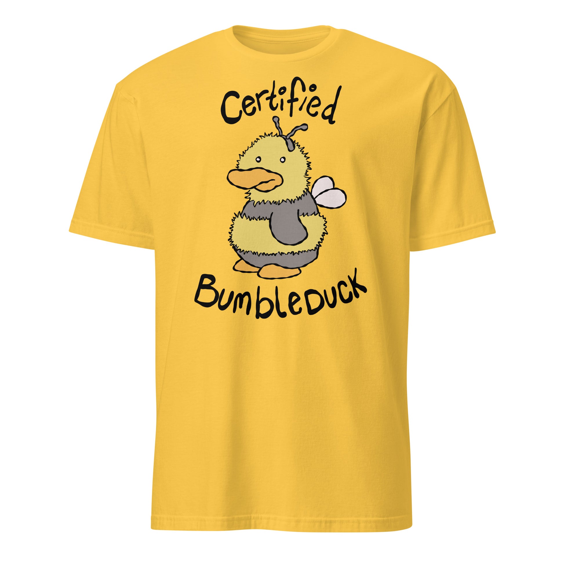 Yellow t-shirt with a cartoon duck dressed as a bee and text CERTIFIED BUMBLEDUCK on a white background