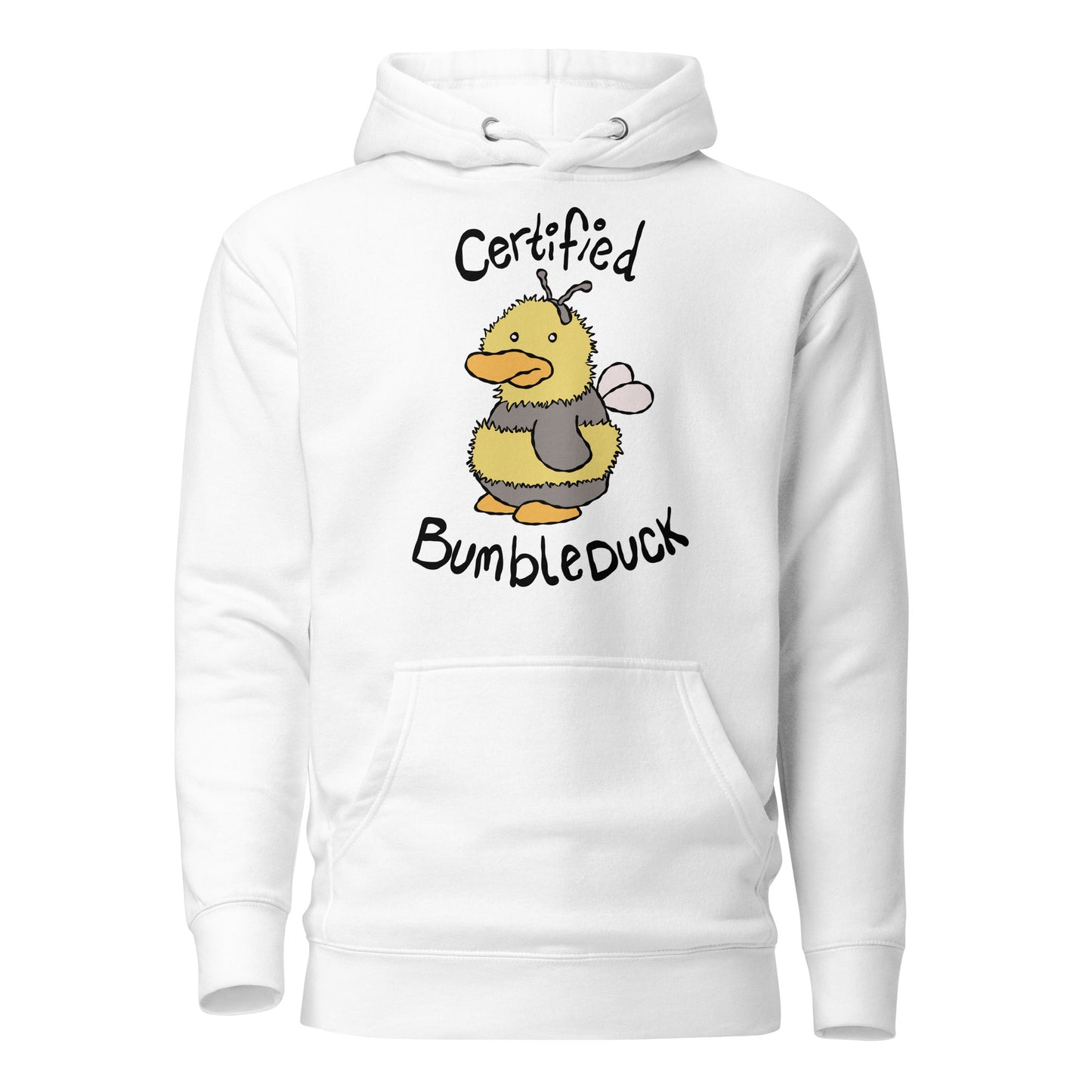 White hoodie with a cartoon duck design and text CERTIFIED BUMBLEDUCK on a white background