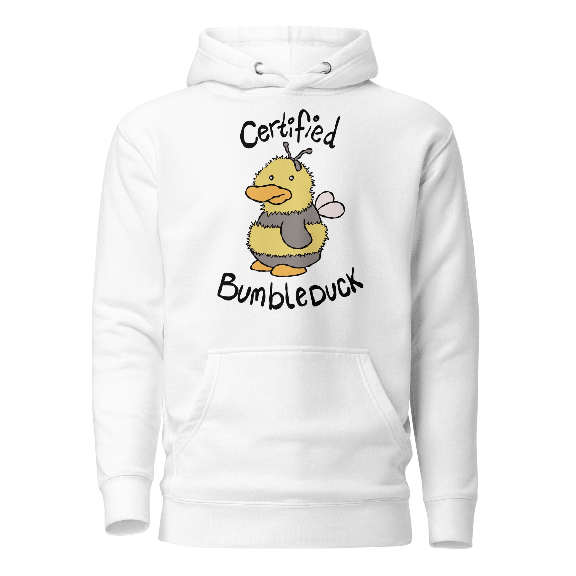 White hoodie with a cartoon duck design and text CERTIFIED BUMBLEDUCK on a white background
