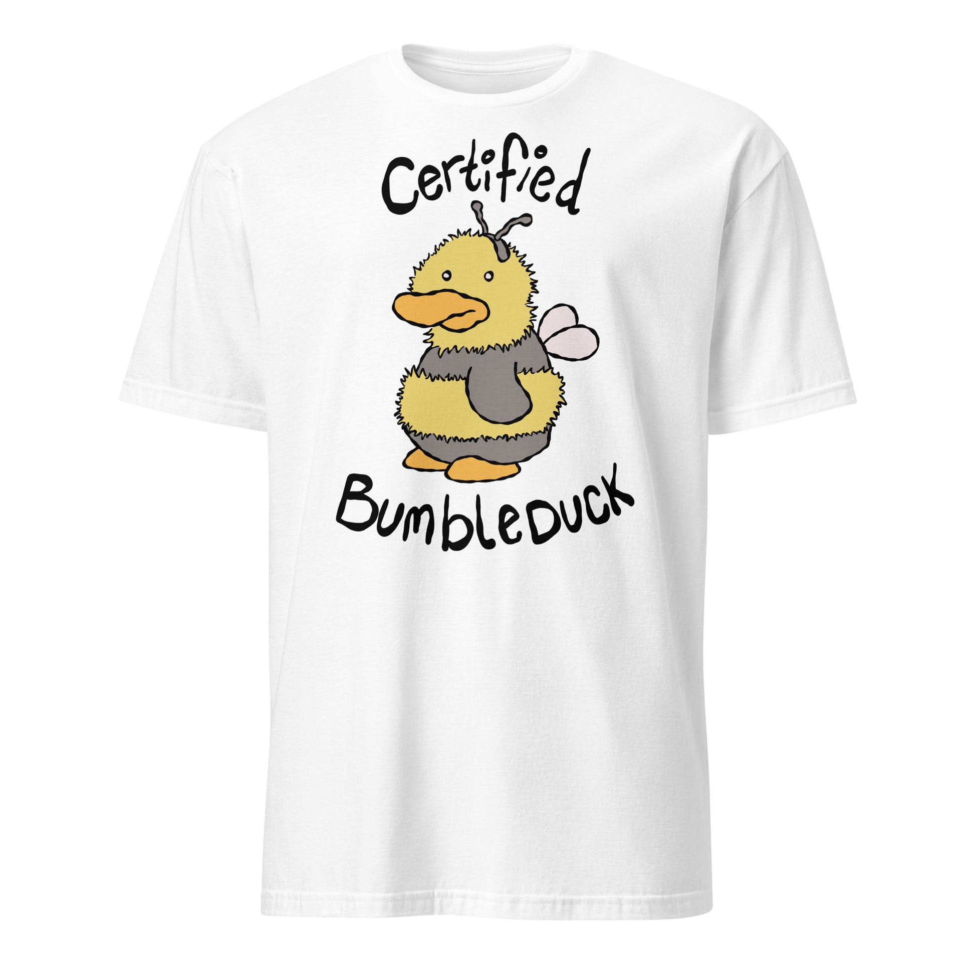 White t-shirt with a cartoon duck in a bee costume and text 'Certified Bumbleduck' on a white background