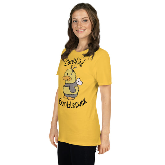 A woman wearing a yellow t-shirt with a cartoon duck character dressed as a bee and text CERTIFIED BUMBLEDUCK on a white background