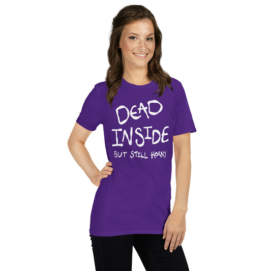 A woman wearing a purple t-shirt with text Dead inside but still horney on a white background