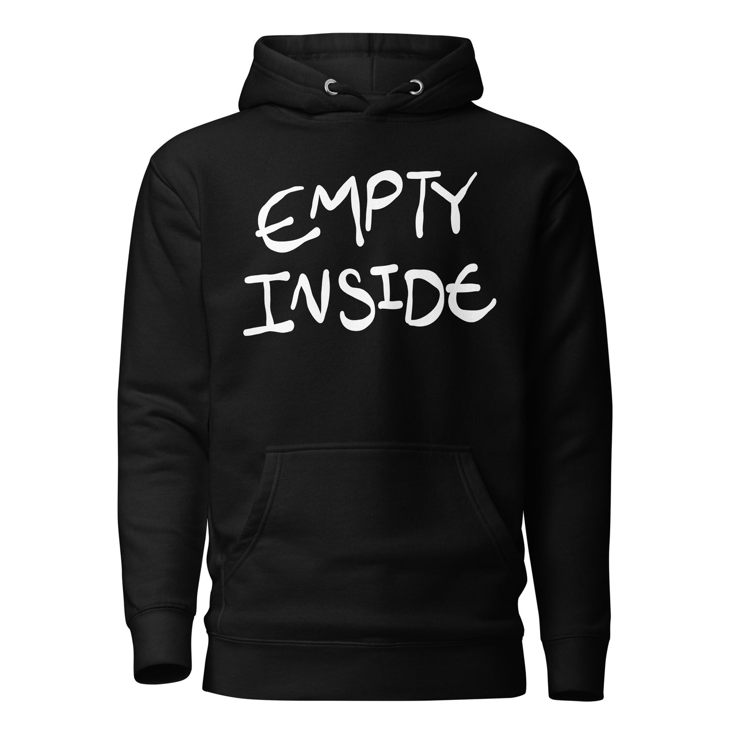 Black hoodie with 'EMPTY INSIDE' text on a white background