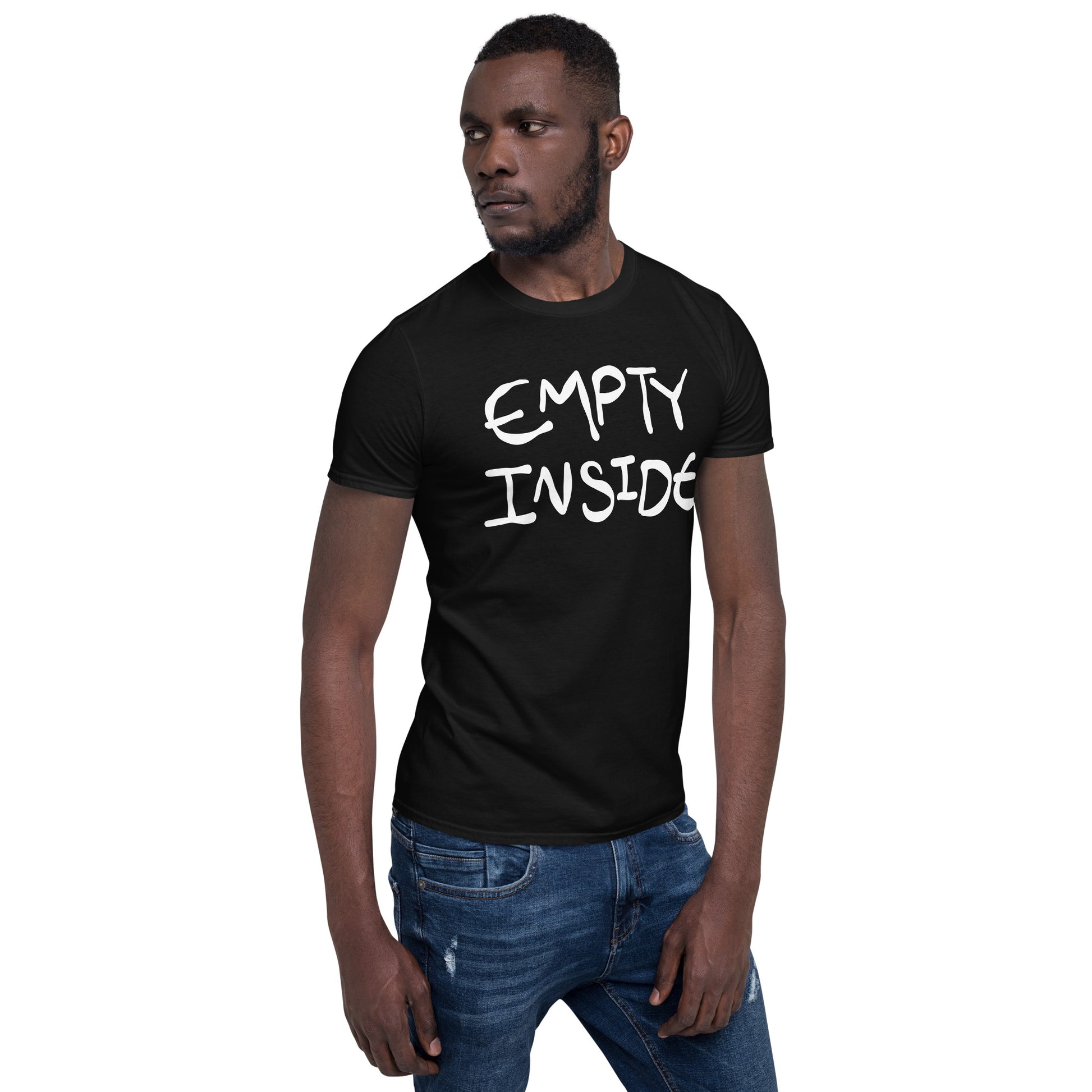 Man wearing a black t-shirt with 'EMPTY INSIDE' text on a white background