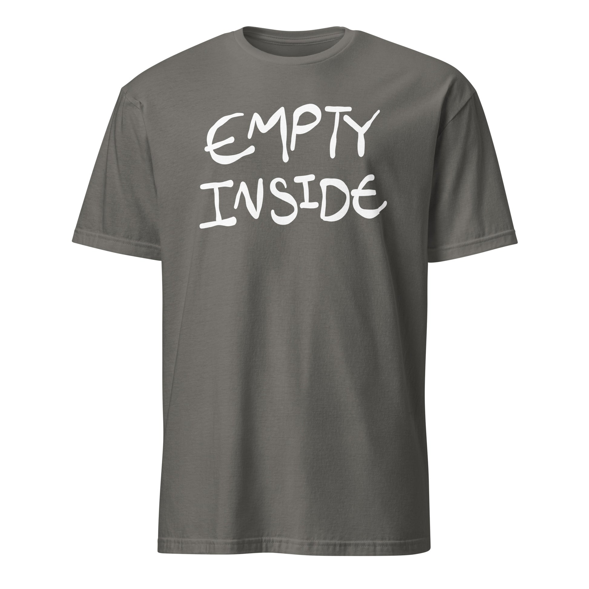 Gray t-shirt with 'EMPTY INSIDE' text on a white background