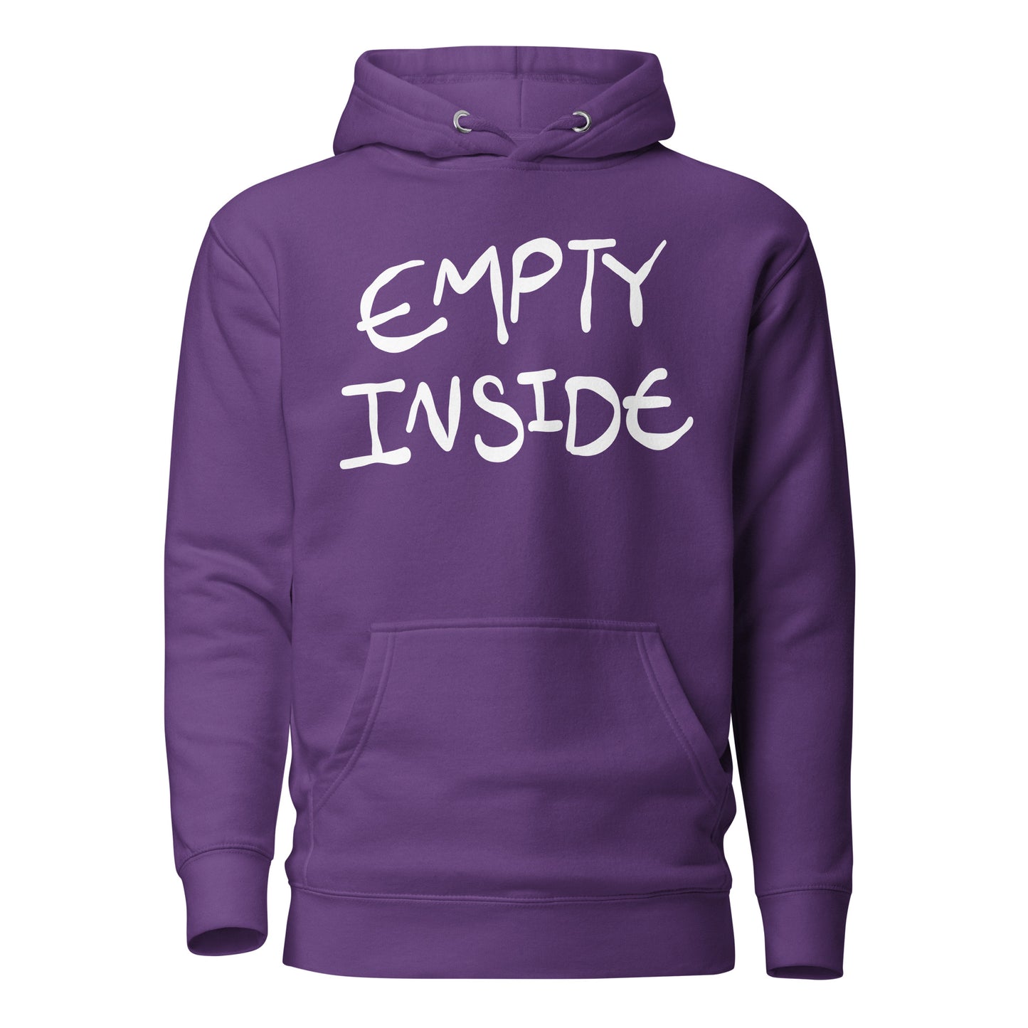 Purple hoodie with 'EMPTY INSIDE' text on a white background