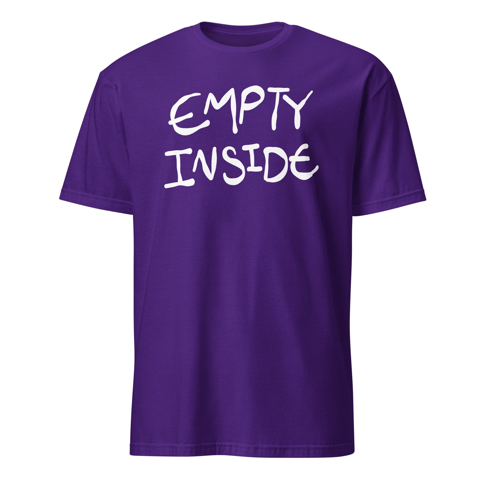 Purple t-shirt with 'EMPTY INSIDE' text on a white background