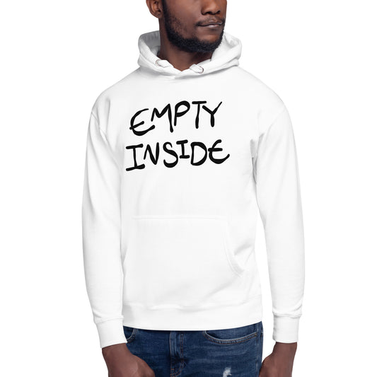 Person wearing a white hoodie with 'EMPTY INSIDE' text on a white background