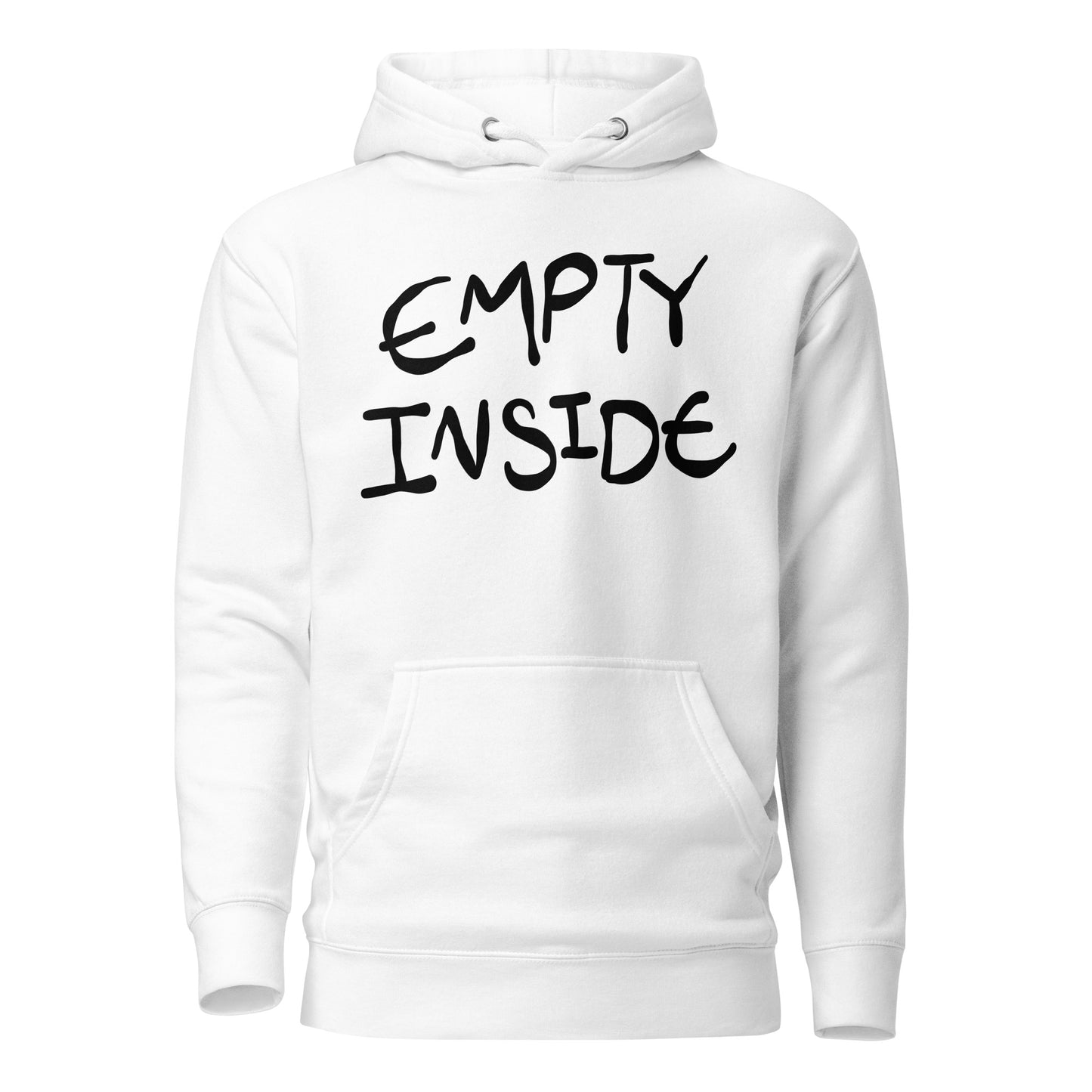 White hoodie with 'EMPTY INSIDE' text on a white background
