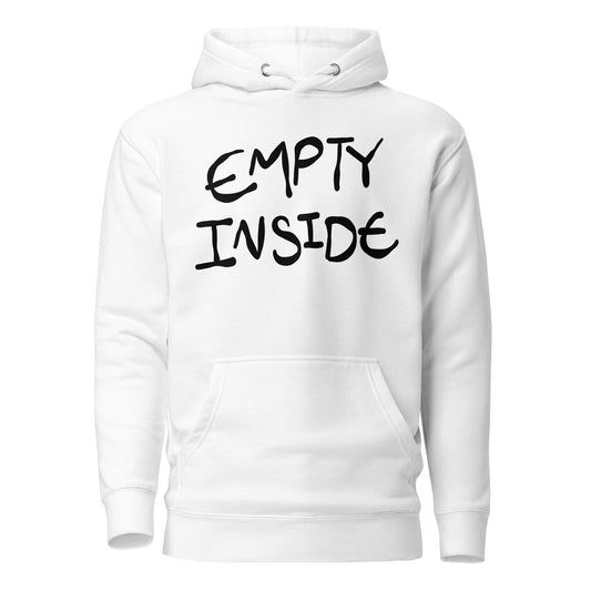 White hoodie with 'EMPTY INSIDE' text on a white background