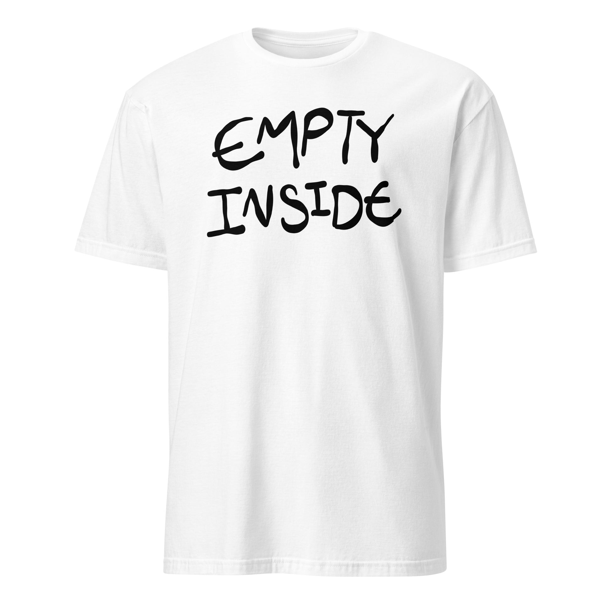 White t-shirt with 'EMPTY INSIDE' text on a white background