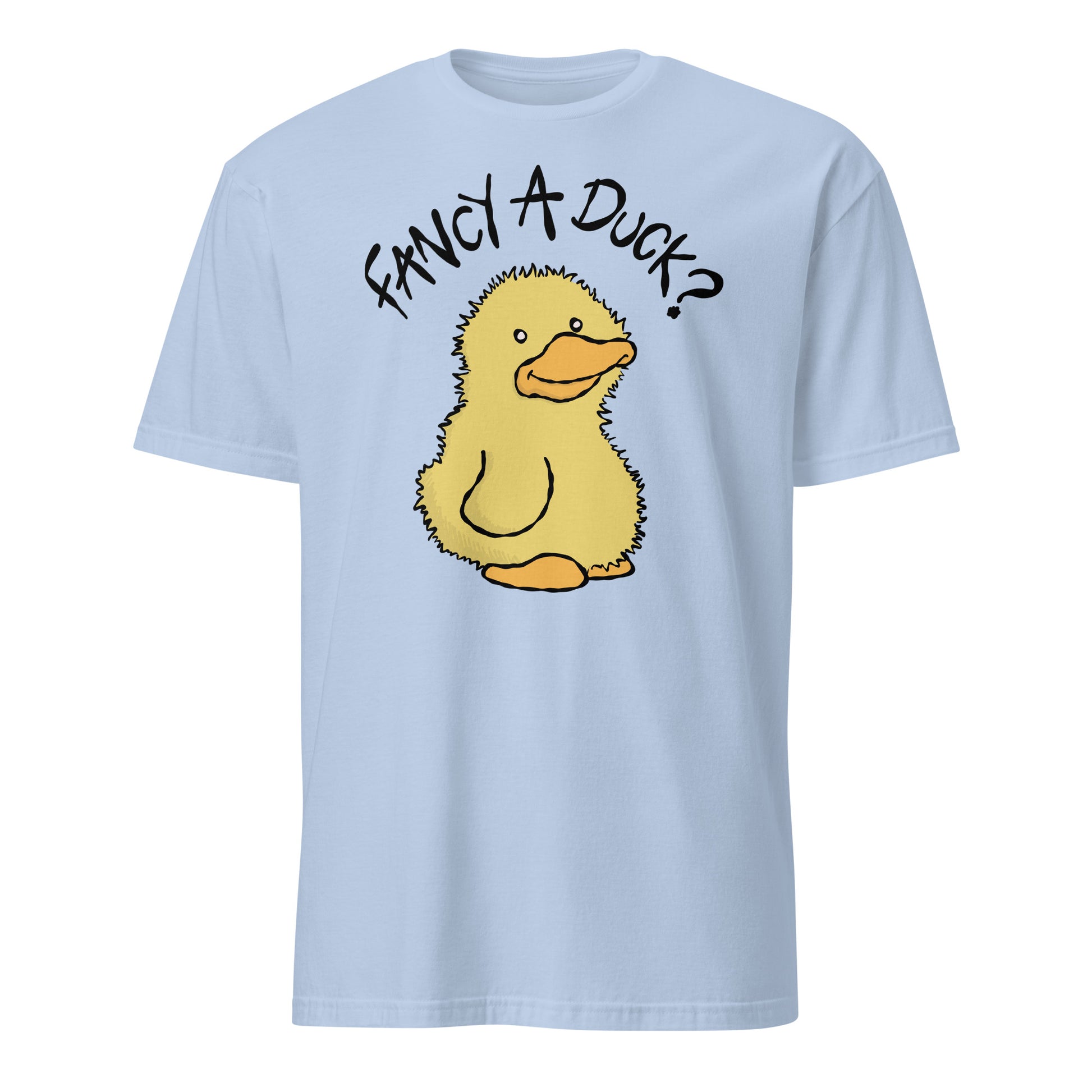 Light blue t-shirt with a cartoon duck and text 'Fancy A Duck?' on a white background