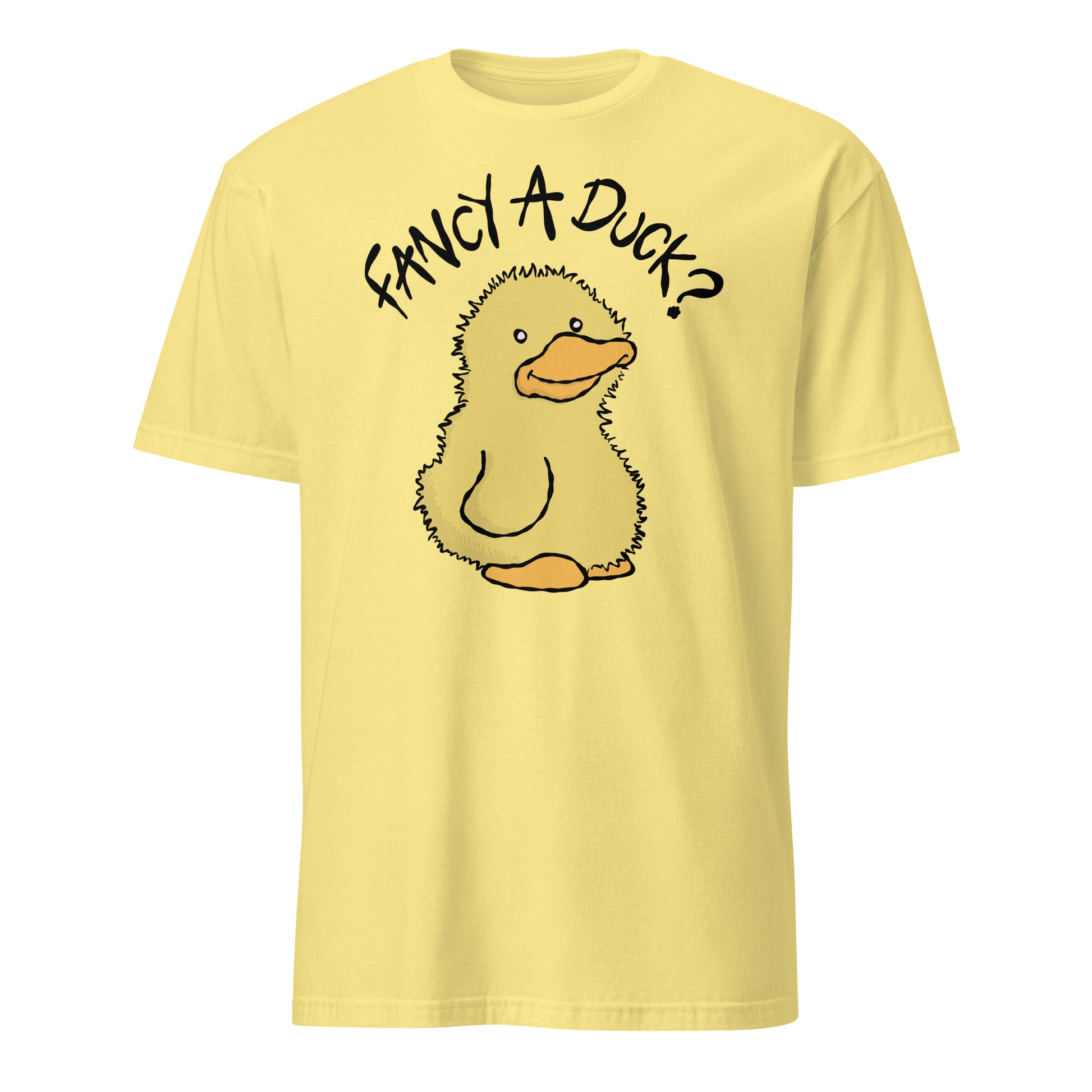 Yellow t-shirt with a cartoon duck and text 'Fancy A Duck?' on a white background