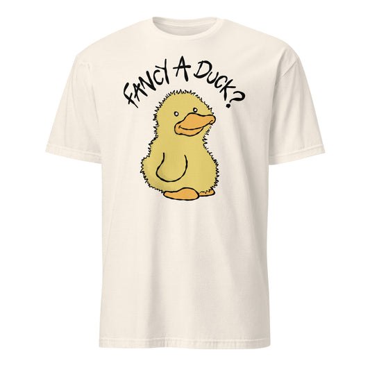 White t-shirt with a cartoon duck and text 'Fancy A Duck?' on a white background
