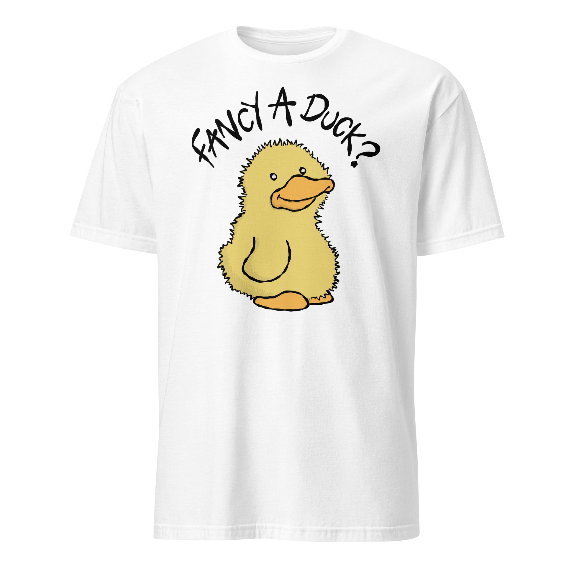 White t-shirt with a cartoon duck and text 'Fancy A Duck?' on a white background