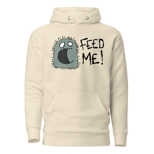 Beige hoodie with a cartoon character and 'FEED ME!' text on a white background