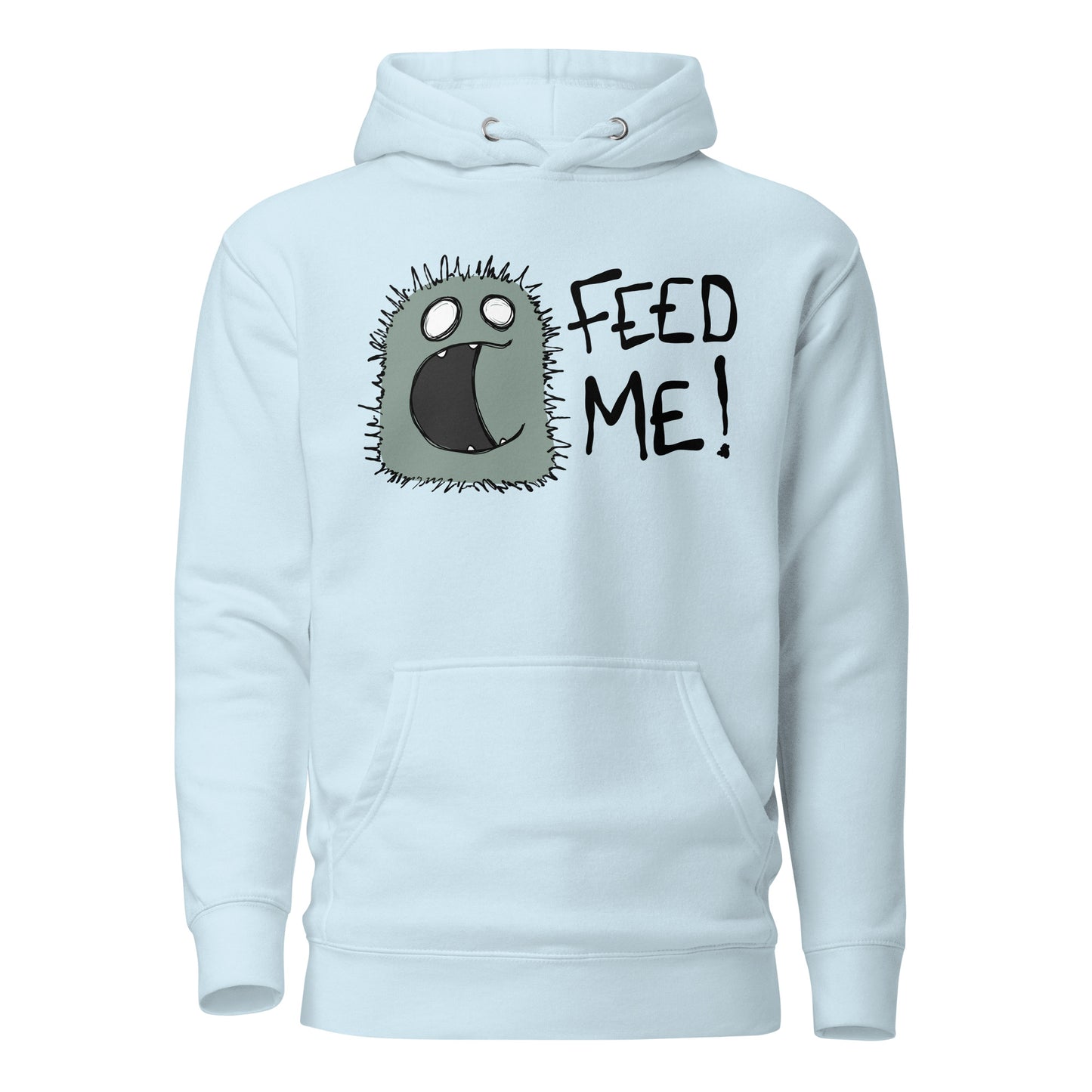Light blue hoodie with cartoon character and 'FEED ME!' text on a white background