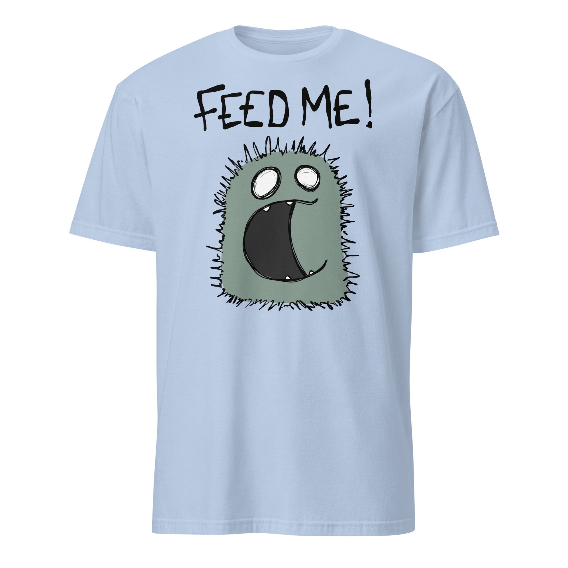 Light blue t-shirt with a cartoon character and 'FEED ME!' text on a white background