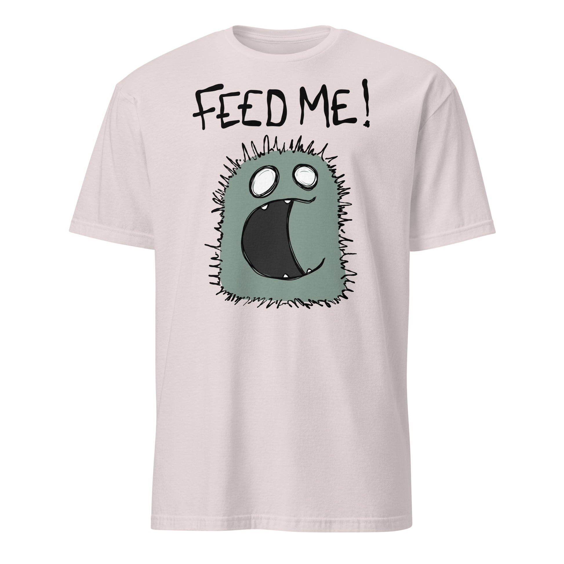Ice grey t-shirt with a cartoon character and 'FEED ME!' text on a white background