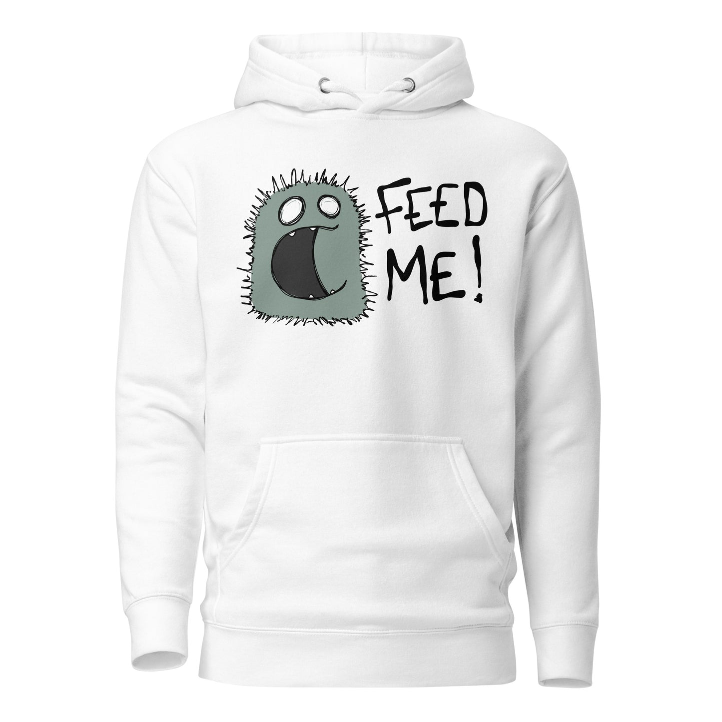 White hoodie with a cartoon character and 'FEED ME!' text on a white background