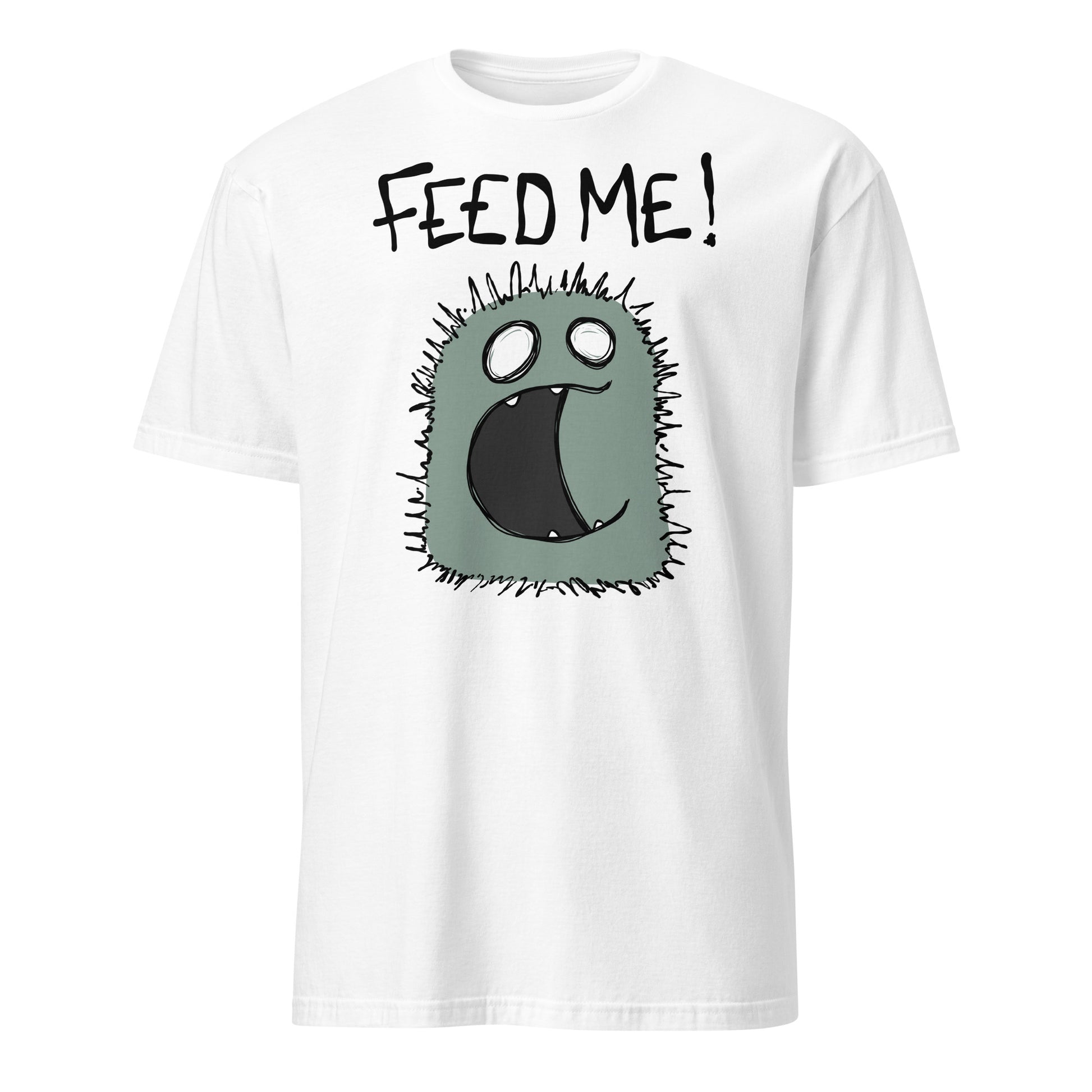 White t-shirt with a cartoon character and 'FEED ME!' text on a white background