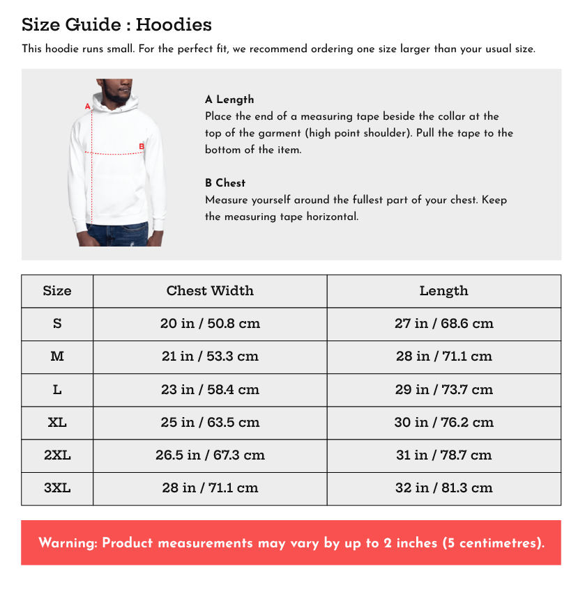 Size guide for hoodies with measurements and a person wearing a hoodie.
