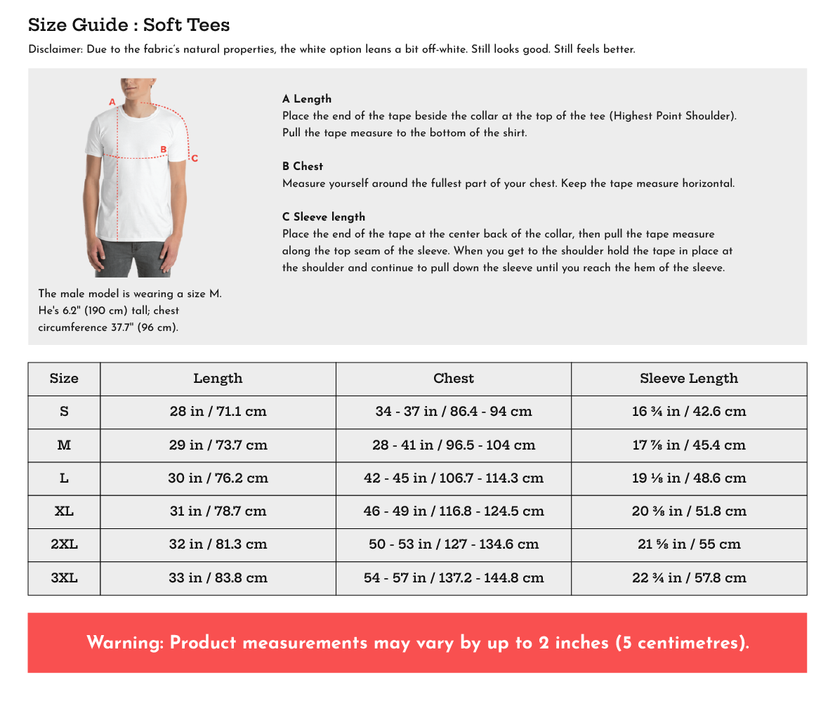 Size guide for soft tees with measurements and a model wearing a white t-shirt.
