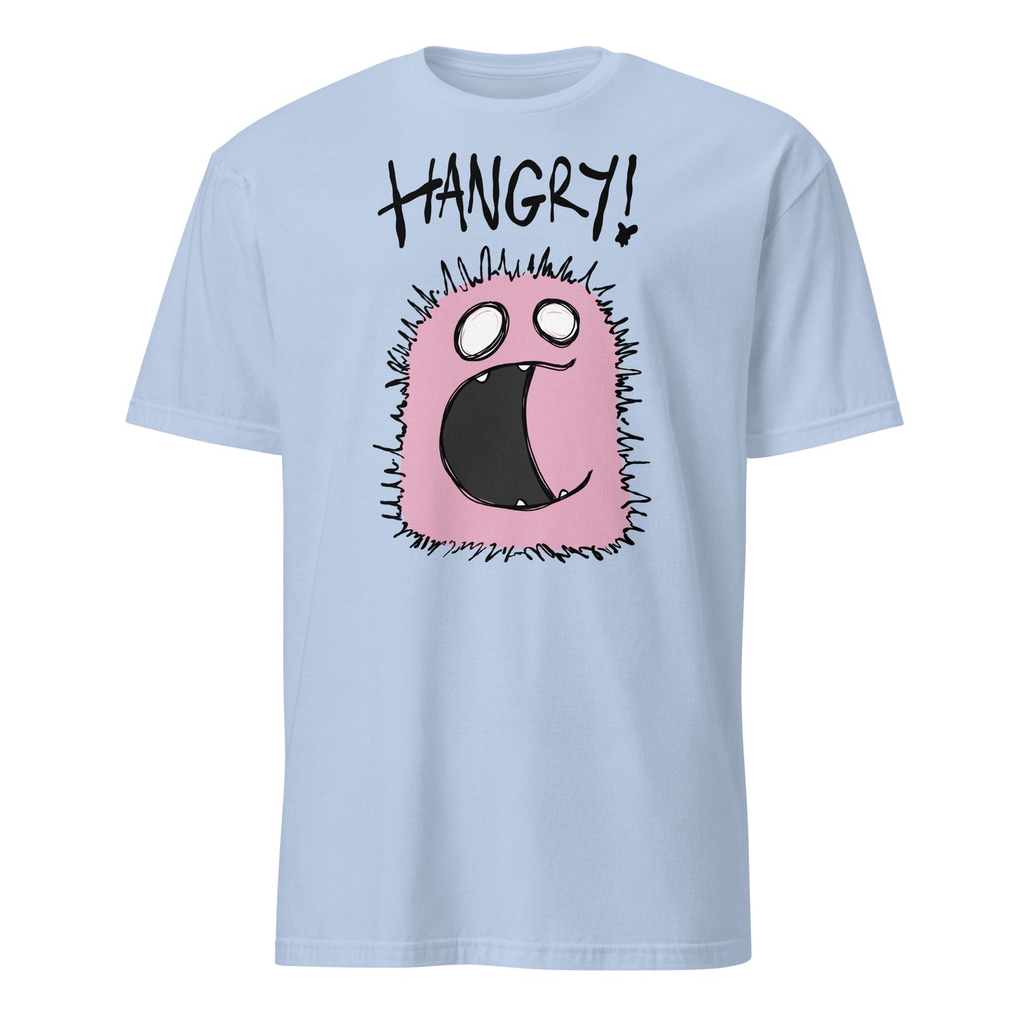 Light blue t-shirt with a cartoon character and 'HANGRY!' text on a white background