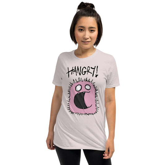 Person wearing a grey t-shirt with a cartoon character and 'HANGRY!' text on a white background