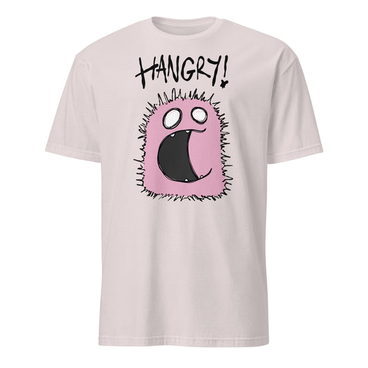 Light gray t-shirt with a pink 'Hangry!' graphic on a white background