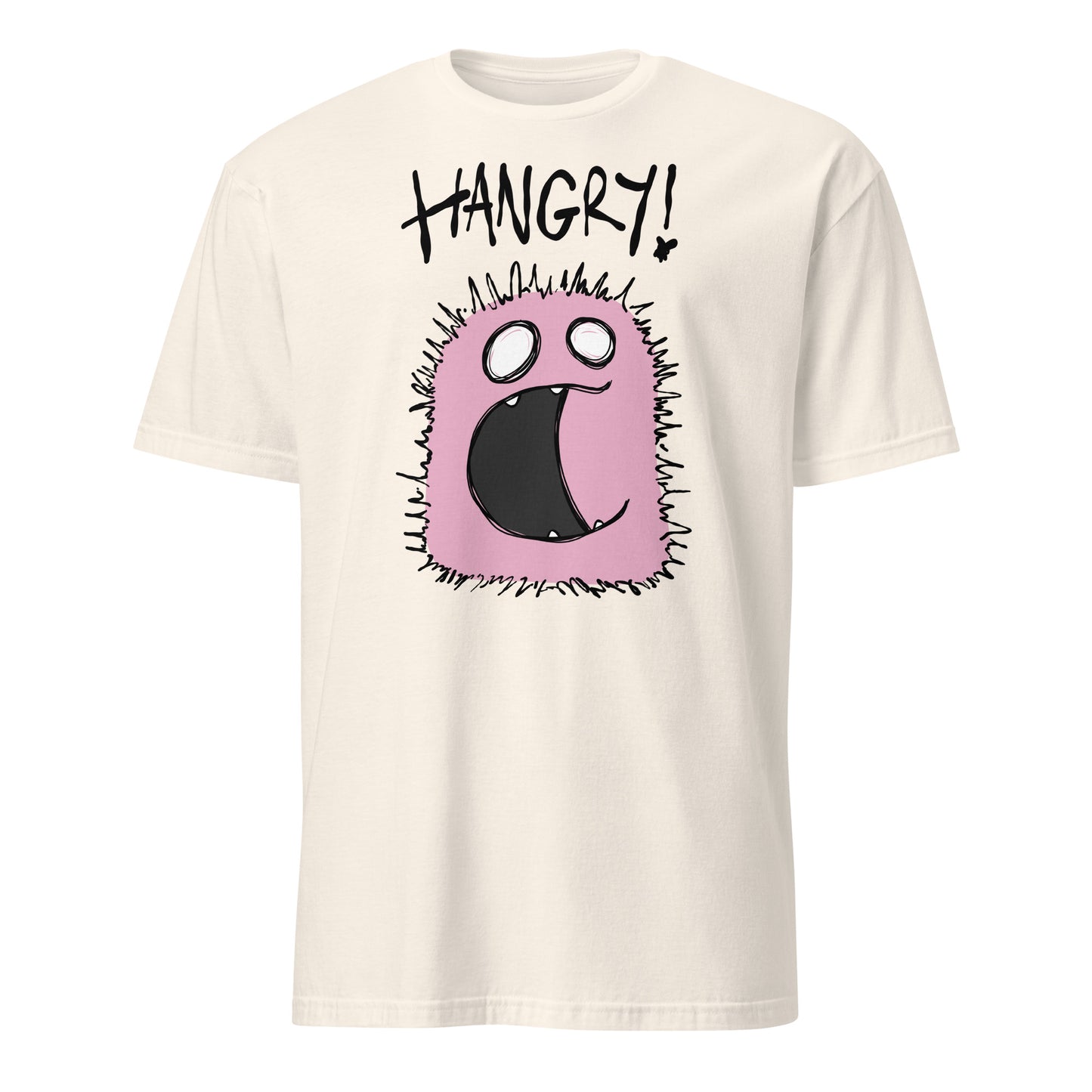 Beige t-shirt with a pink cartoon character and 'HANGRY!' text on a white background