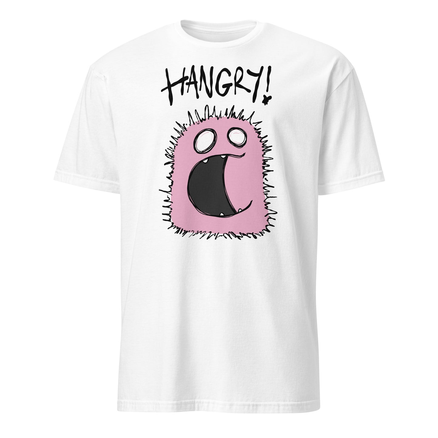 White t-shirt with a pink cartoon character and 'HANGRY!' text on a white background