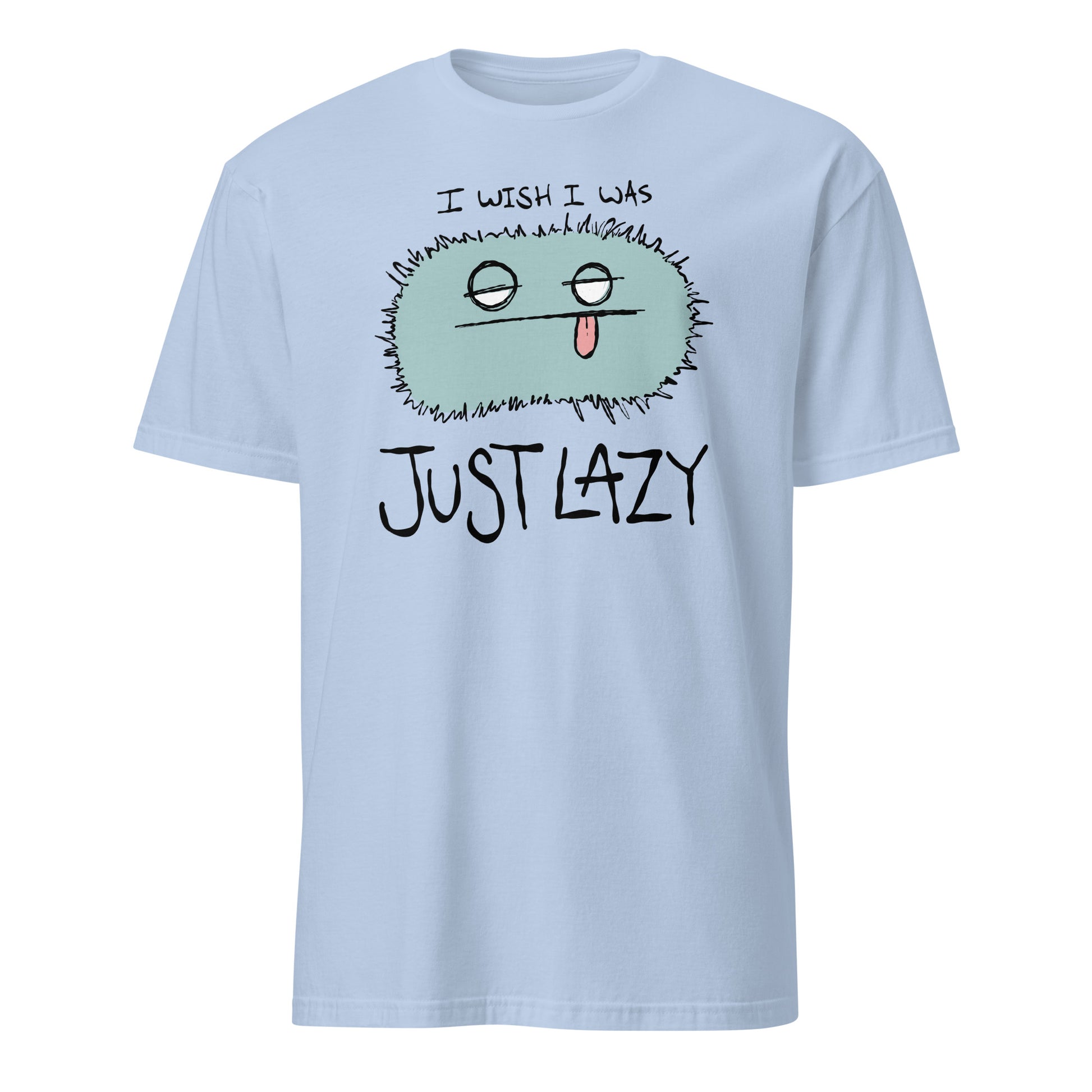 Light blue t-shirt with a cartoon character and text on a white background